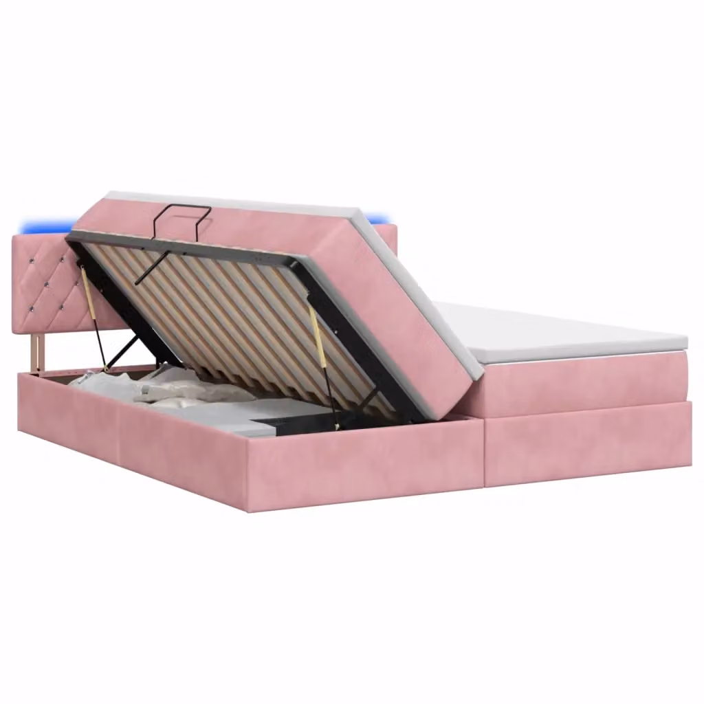 Letto con contenitore vidaXL in velluto rosa con illuminazione LED e porta USB, L/P/H: 200 x 200 x 88 cm – 2