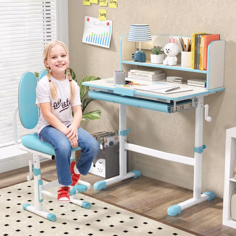 Scrivania da studio per bambini Costway con piano inclinabile e altezza regolabile, Blu