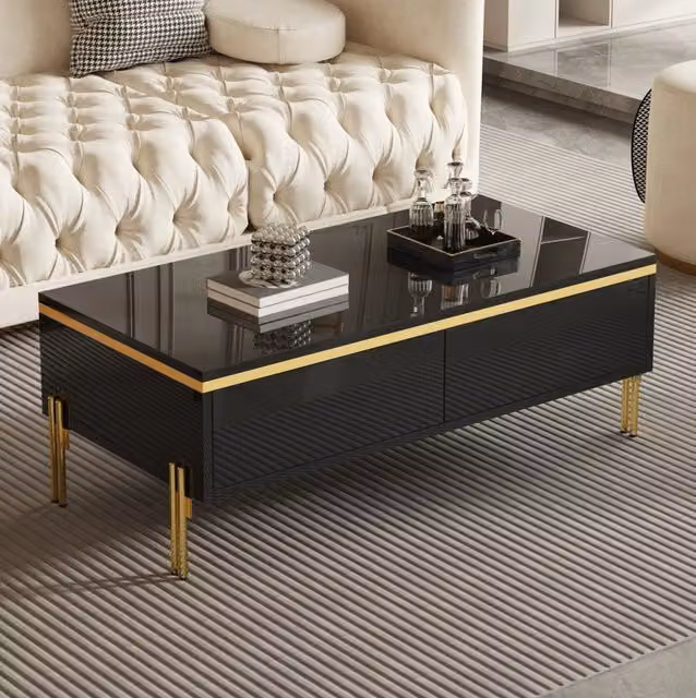 Tavolino da caffè nero 100x50x36 cm con 2 cassetti nascosti, pannelli PB e gambe in metallo