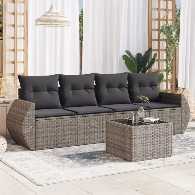 Set Divano da Giardino 5 pz con Cuscini-Sofa da Giardino-Divanetto da esterno Grigio in Polyrattan 858909