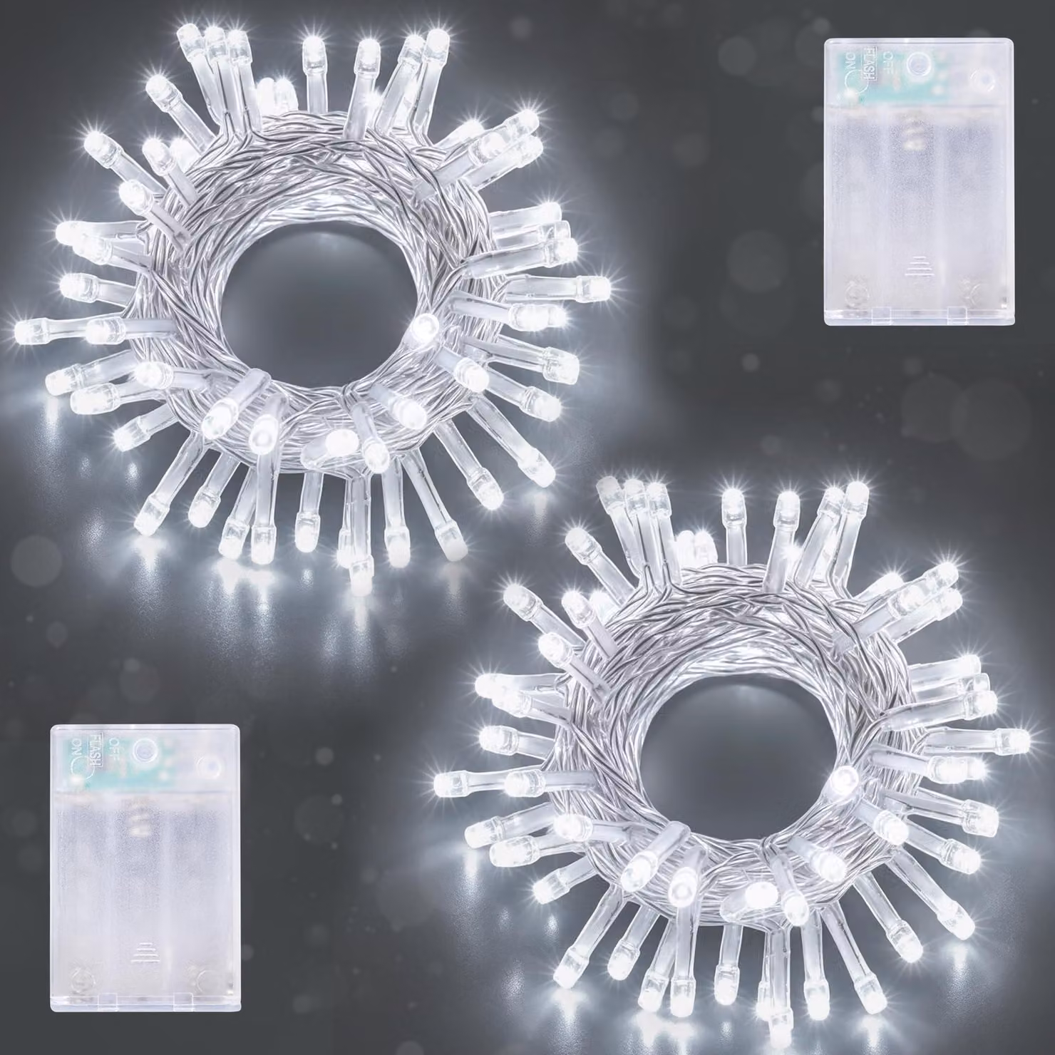 Catena luminosa a LED, 5 metri, 50 LED, luce bianca fredda, alimentazione a batteria, con timer