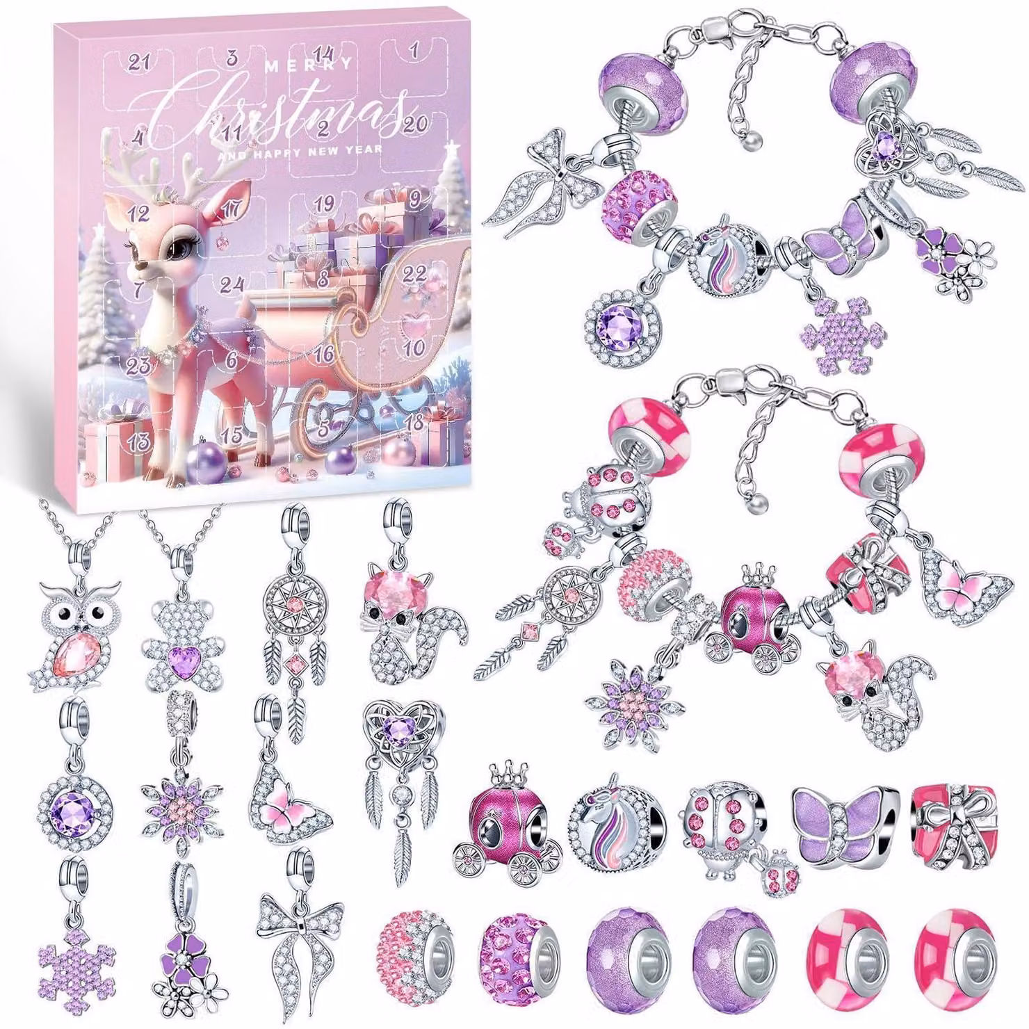 Calendario dell'Avvento con gioielli per bambine, anno 2026, 24 pezzi: braccialetto, collana e ciondoli. Kit creativo fai-da-te, ideale come regalo