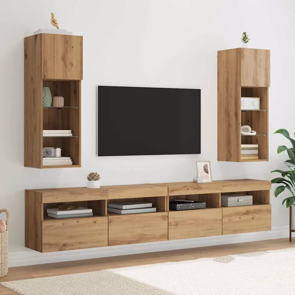 Set di 2 mobiletti TV da parete vidaXL in stile moderno, colore rovere marrone, con illuminazione integrata e scomparti multimediali, L: 90 cm, P: 30,5 cm, H: 30 cm