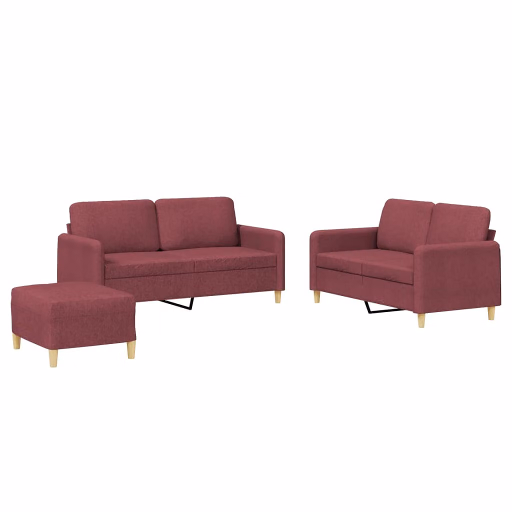 set divano 3 pezzi con cuscini in tessuto rosso vino