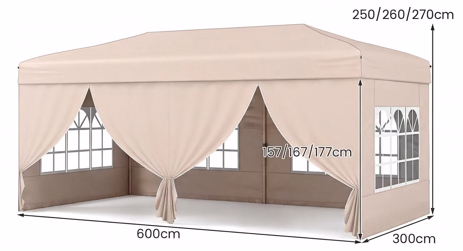 KOMFOTTEU, padiglione pop-up 3x6 metri, padiglione pieghevole con 6 pareti laterali e 6 sacchi di sabbia, gazebo da giardino regolabile in altezza, con borsa da trasporto su ruote, ideale per spiaggia, matrimoni e campeggio, colore beige