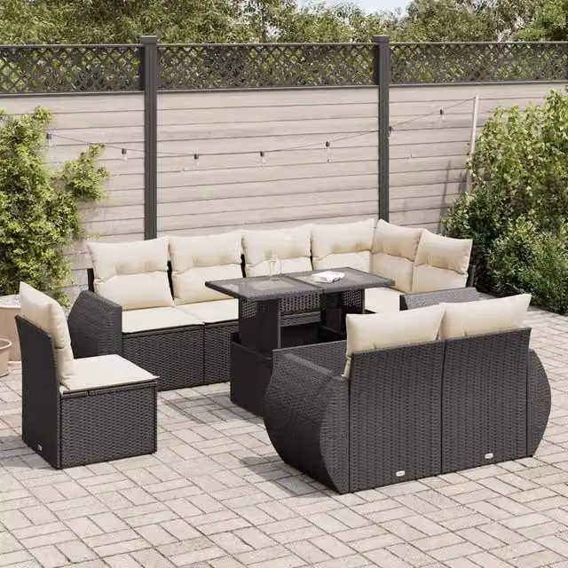Set Divani da Giardino 9 pz con Cuscini Nero in Polyrattan 3326657