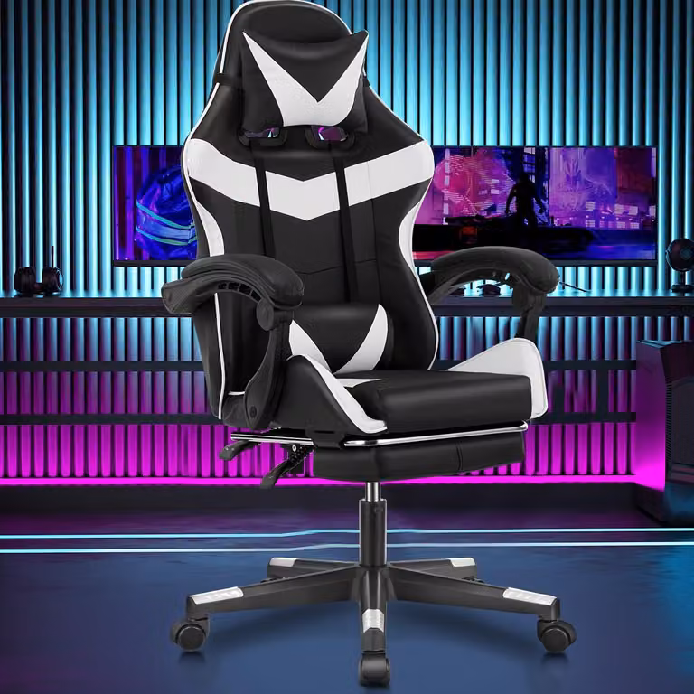 Sedia da gaming nera e bianca, sedia ergonomica da ufficio con schienale alto e braccioli regolabili