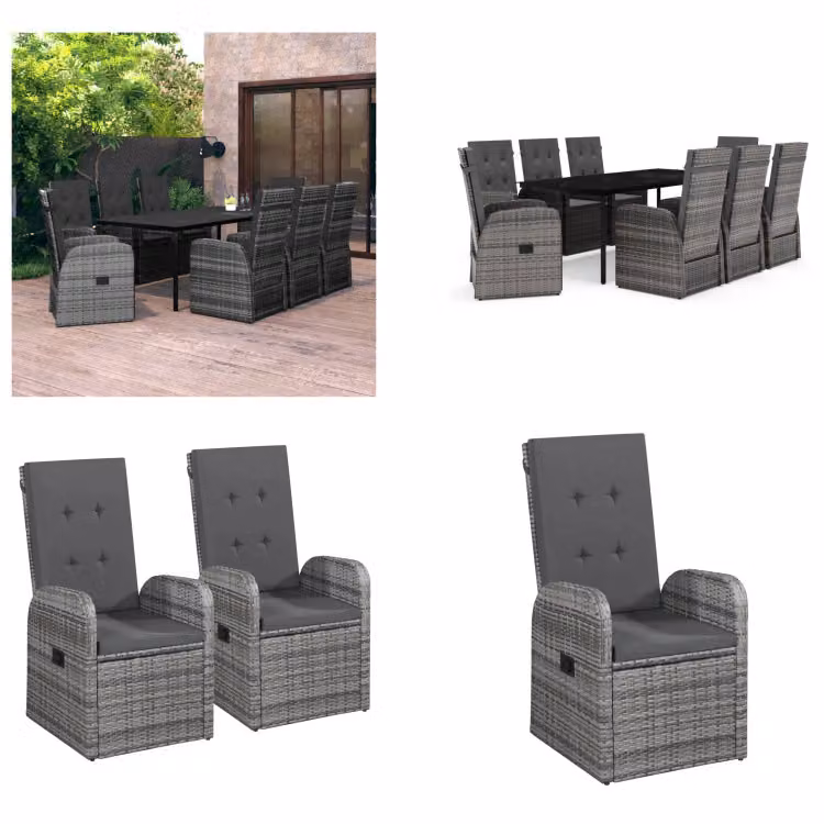 vidaXL Set da pranzo da giardino 9 pezzi con cuscini grigio - Set da pranzo da giardino - Gruppi da pranzo da giardino - Set di mobili da giardino - Set di mobili da giardino