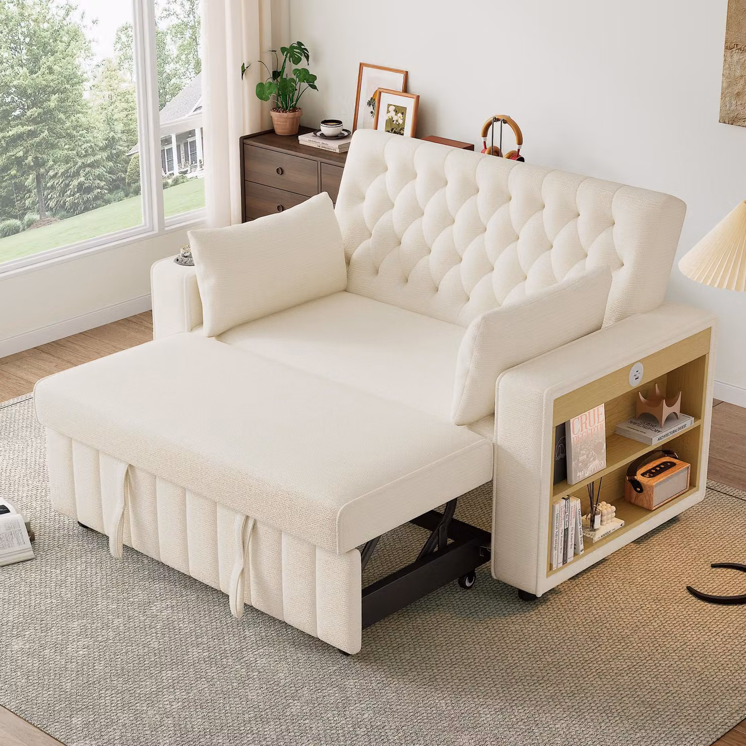 Divano letto a 2 posti Merax con funzione sleep, 2 cuscini, USB, Type-C, portabicchieri, ripiano laterale, schienale regolabile, divano letto in ciniglia, beige