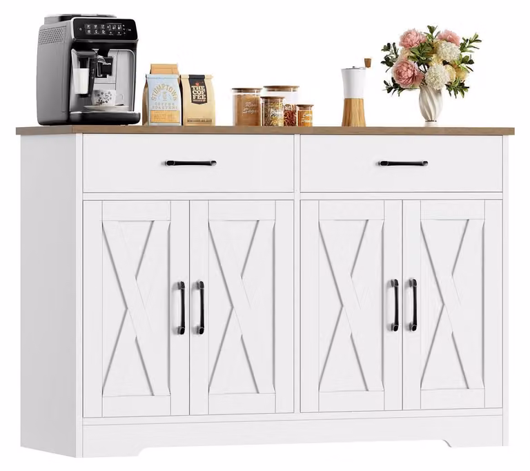 Credenza da 120 cm di larghezza con piano di lavoro, 2 cassetti, 4 ante, bianco e marrone