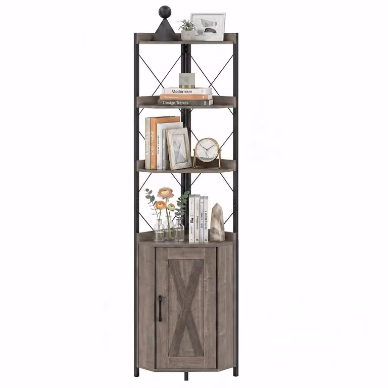 COSTWAY, libreria angolare a 6 ripiani, 180 cm, con armadietto, ante e struttura in metallo. Libreria autoportante, scaffale portaoggetti, colore grigio, dimensioni 38x38x180 cm