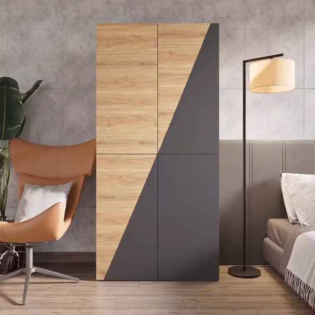 Armadio moderno Vovees Living in MDF e metallo con 2 cassetti interni, asta appendiabiti e porta pantaloni, Colore Legno e Grigio, L: 90 cm, P: 50 cm, H: 200 cm