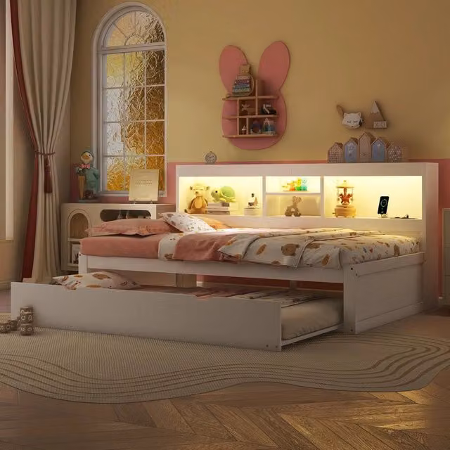 Letto giorno estraibile con LED ¨C Minimal ¨C bianco 90x200cm con vano contenitore e porte USB