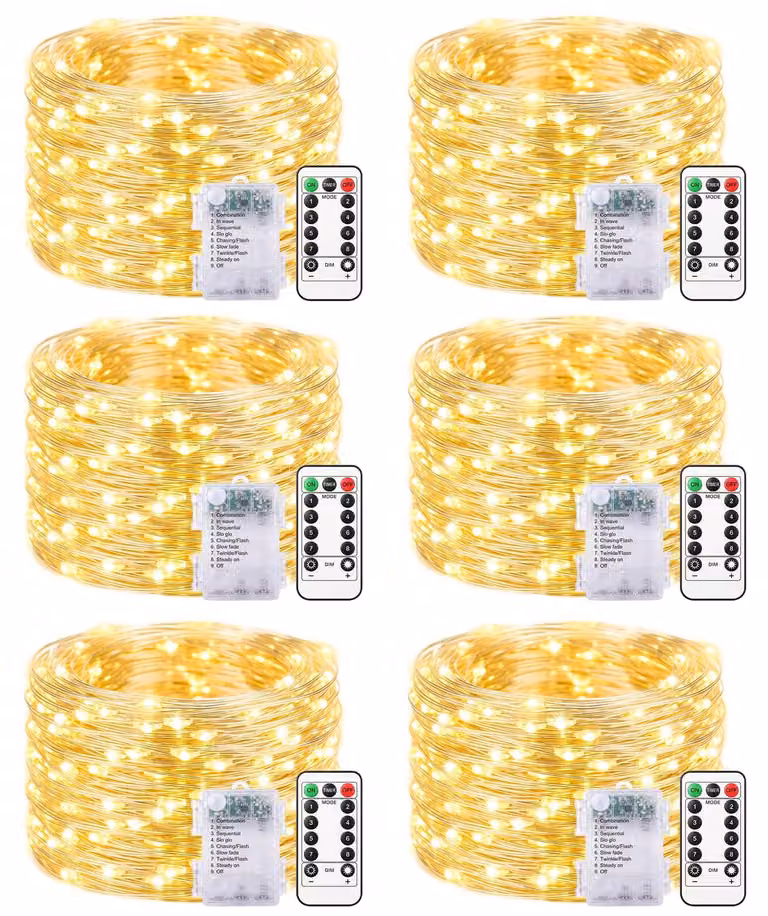 Catena luminosa con 100 LED, lunghezza 10 metri, alimentazione a batteria, set da 6, luce bianco caldo