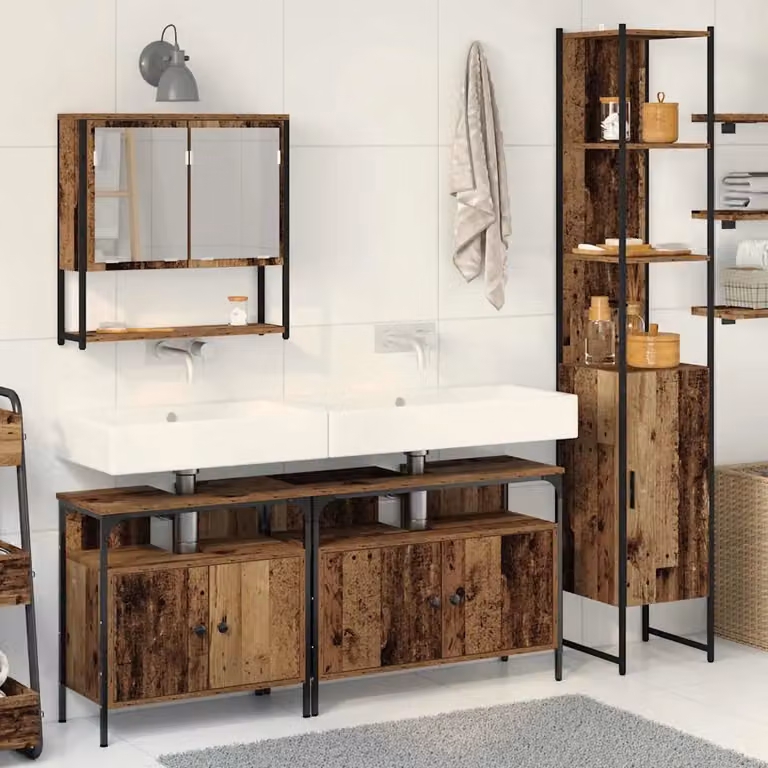 Set di mobili per il bagno moderno vidaXL in legno e metallo, colore marrone e nero, composto da armadietto con specchio, mobile lavabo e colonna alta