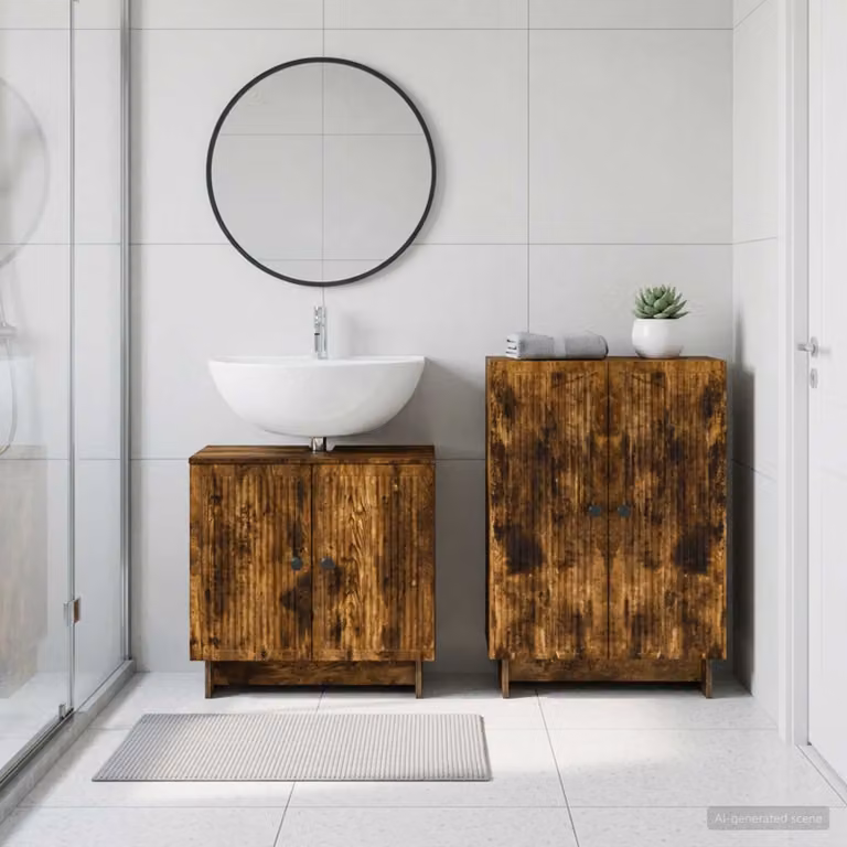 Set di mobili da bagno vidaXL EDE composto da mobile lavabo e mobile contenitore in legno color rovere fumo, design moderno e freestanding