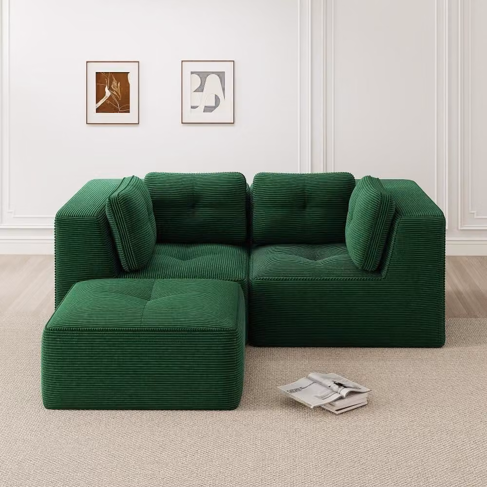 Divano angolare modulare Cord, verde, divano a forma di L con due posti e poggiapiedi regolabili. Design senza struttura, ideale per il soggiorno, dimensioni 208x177x69 cm.