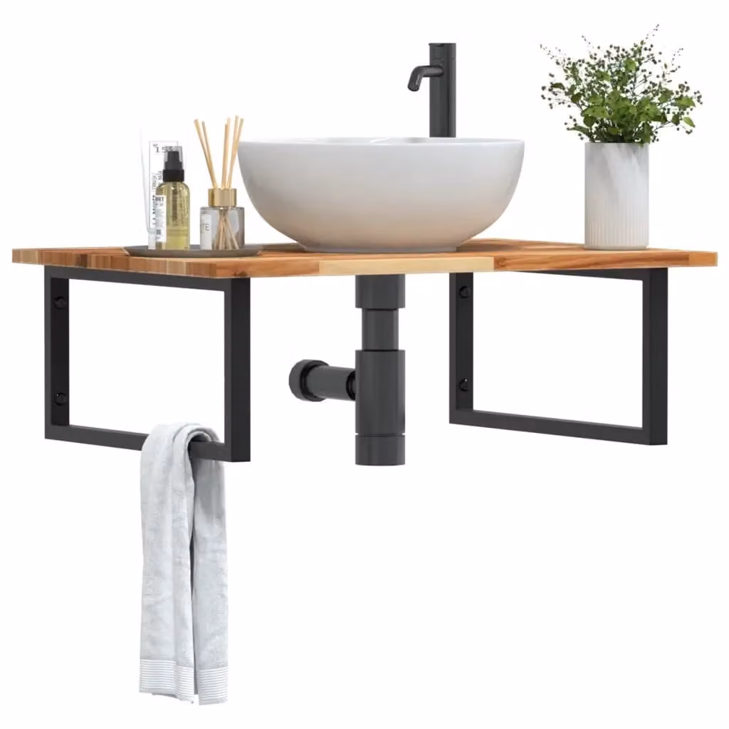 Ripiano a parete per lavabo DESIGN IN in acciaio nero e legno di acacia oliato marrone L: 60 cm