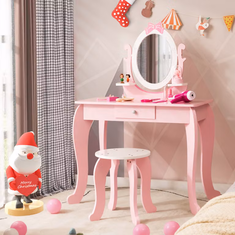 Tavolino per bambini HY10089PI, 2in1, con sgabello, per bambini di 3-7 anni, rosa + bianco