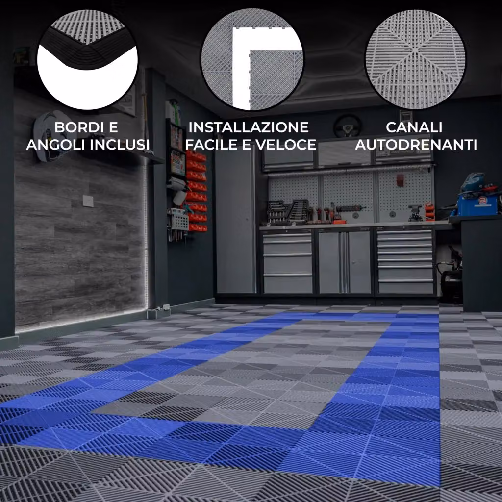 Piastrelle ventilate antiscivolo in plastica MONSTER SHOP grigie e blu per garage e officine – 2