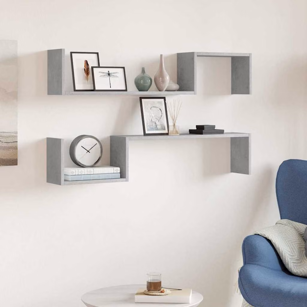 Set di 2 mensole da parete vidaXL in legno multistrato, colore grigio cemento, L 100 cm x P 20 cm x H 15 cm