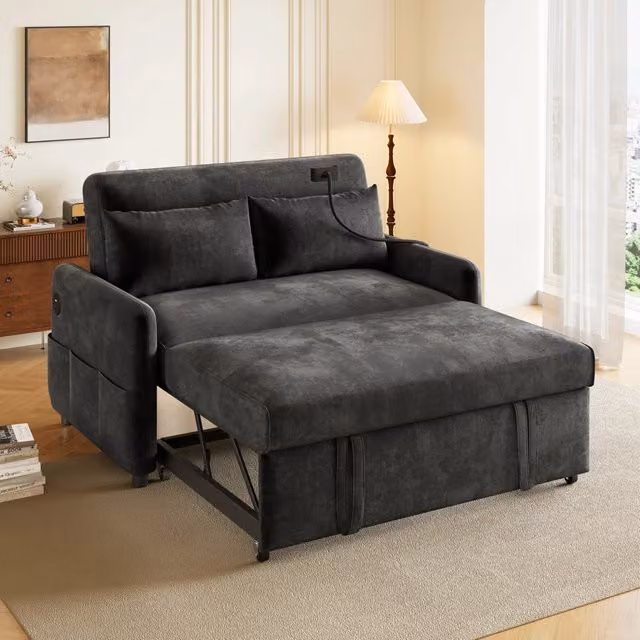 Divano letto 2 posti 129 x 163 x 81 cm; convertibile; schienale regolabile; supporto per telefono; porta USB; tessuto in ciniglia; grigio