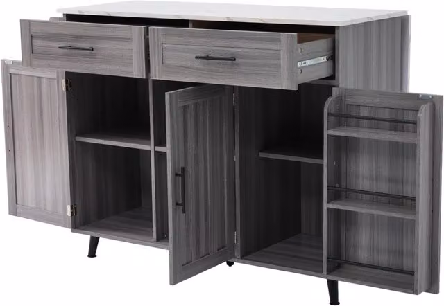 Isola da Cucina Mobile 129x46/71x91;5 cm Grigio con Piano Effetto Marmo; 2 Cassetti; Ripiani e Ruote