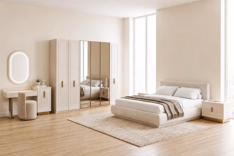 Set completo per camera da letto in stile elegante, color beige, composto da armadio, comodini e tavolino da trucco