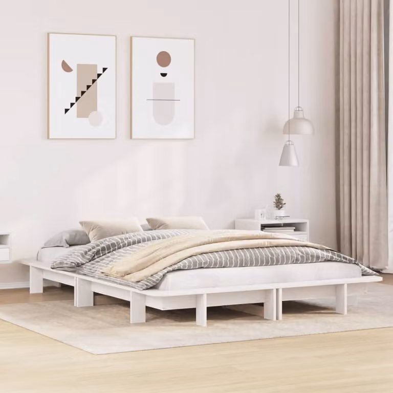 vidaXL Letto Moderno in Legno Massello di Pino Bianco L: 140 cm, P: 190 cm