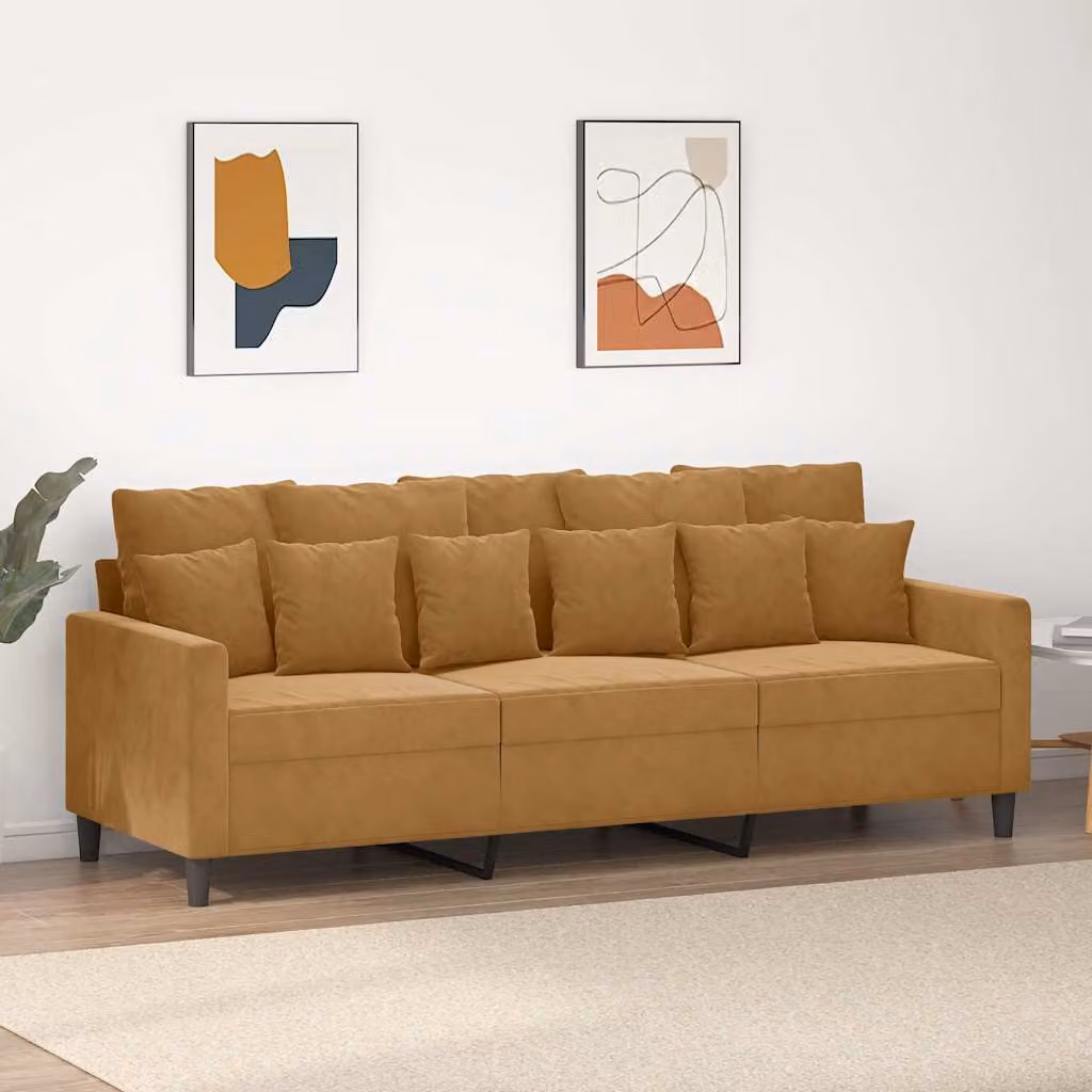 Divano a 3 posti moderno vidaXL in velluto marrone con struttura in metallo e cuscini inclusi L: 198 cm, P: 80 cm, H: 77 cm
