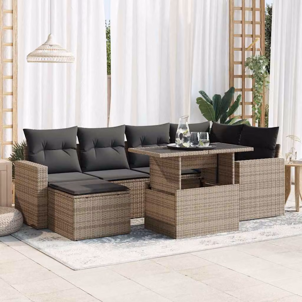 Set da giardino vidaXL in polyrattan grigio con 7 pezzi, composto da divano ad angolo, poltrone, pouf e tavolino con cuscini inclusi