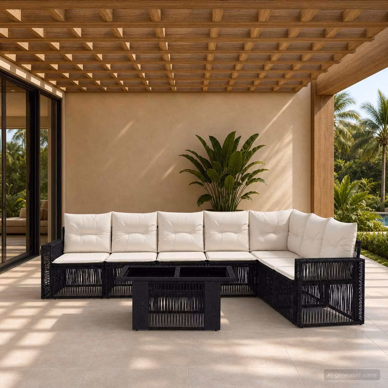 Set Divano da Giardino vidaXL 8 pz in Polyrattan con Tavolino e Cuscini, Design Moderno a L, Nero e Bianco