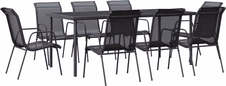 Set da Pranzo da Giardino 9 pz Nero in Acciaio e Textilene