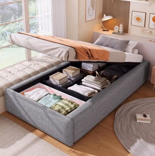 Letto imbottito 90x200 cm senza testiera con contenitore idraulico e 1 cassetto; grigio