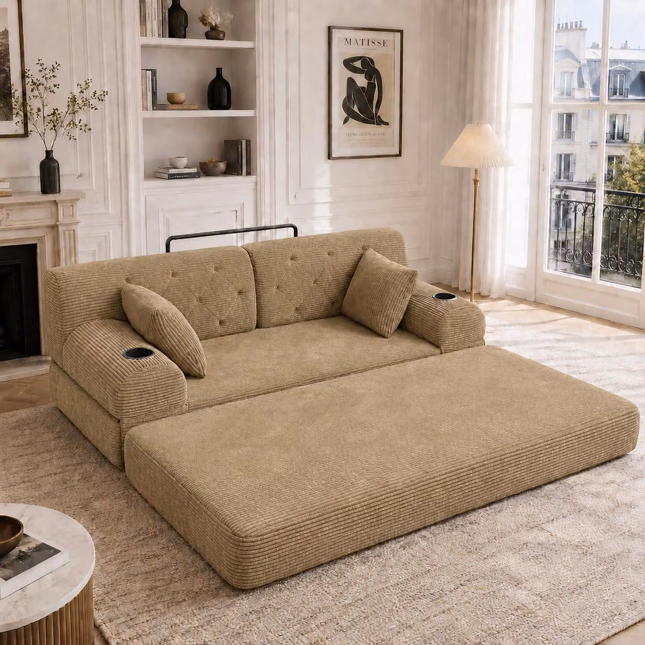 Divano MODFU multifunzionale, divano angolare a 2 posti modello Cord con schienale alto, divano relax con 4 tasche laterali e 2 portabicchieri, divano letto compatto e chaise longue, color kaki