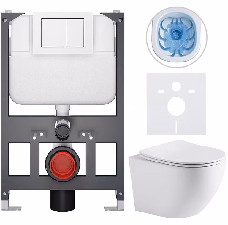 Set completo per WC sospeso "Cesso" - bianco opaco - pulsante Prime/Maxio, bianco - design sospeso - modulo basso - installazione a parete/con pannello di cartongesso - dimensioni 49x36 cm