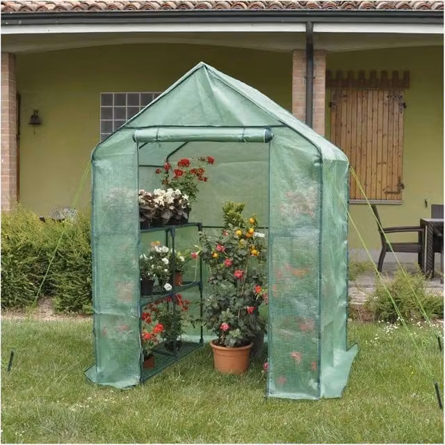 Serra da giardino a casetta VERDEMAX verde con scaffalature in acciaio e plastica, H: 195 cm, L: 140 cm, P: 195 cm – 1