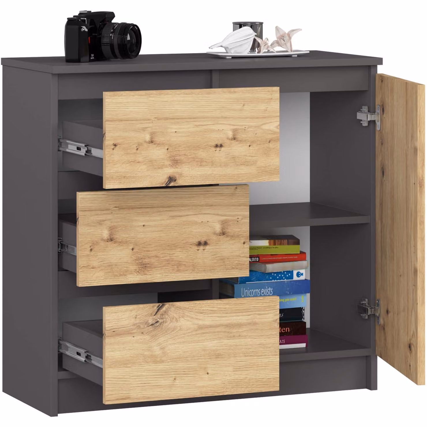 Comò da 80 cm con 3 cassetti e 1 anta, credenza, mobile da 77 cm di altezza