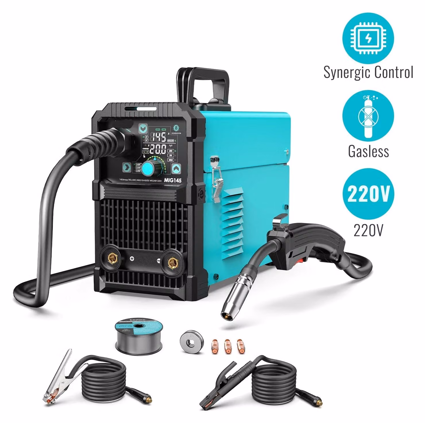 Saldatrice a elettrodo multifunzione 3-in-1: saldatrice inverter MIG e TIG senza gas - 145A - Blu