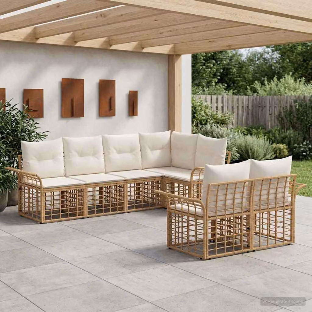 Set di divani da esterno vidaXL 7 pz a forma di U in stile moderno, colore beige e marrone, con struttura in metallo e cuscini inclusi