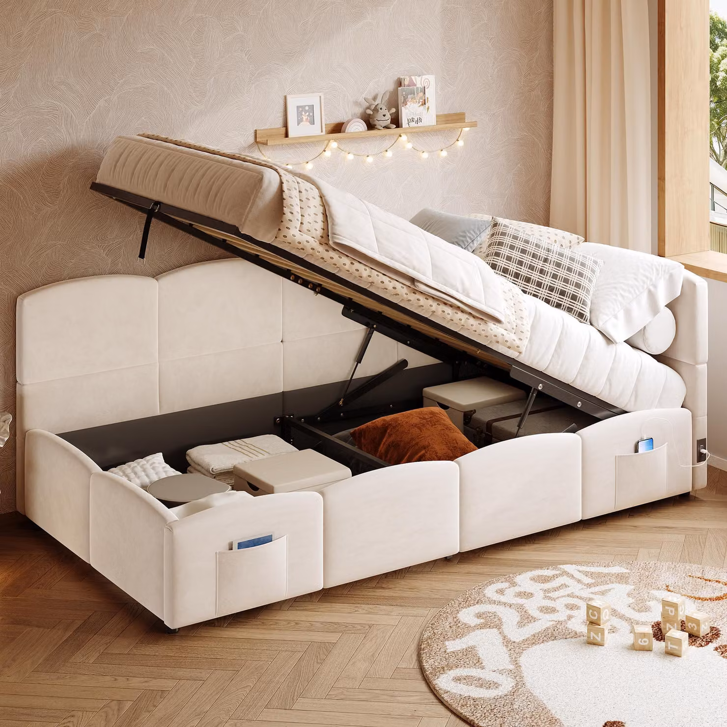 Letto imbottito idraulico Flieks 90x200cm con contenitore, divano letto day bed con USB e Type-c, letto contenitore letto singolo, velluto, beige