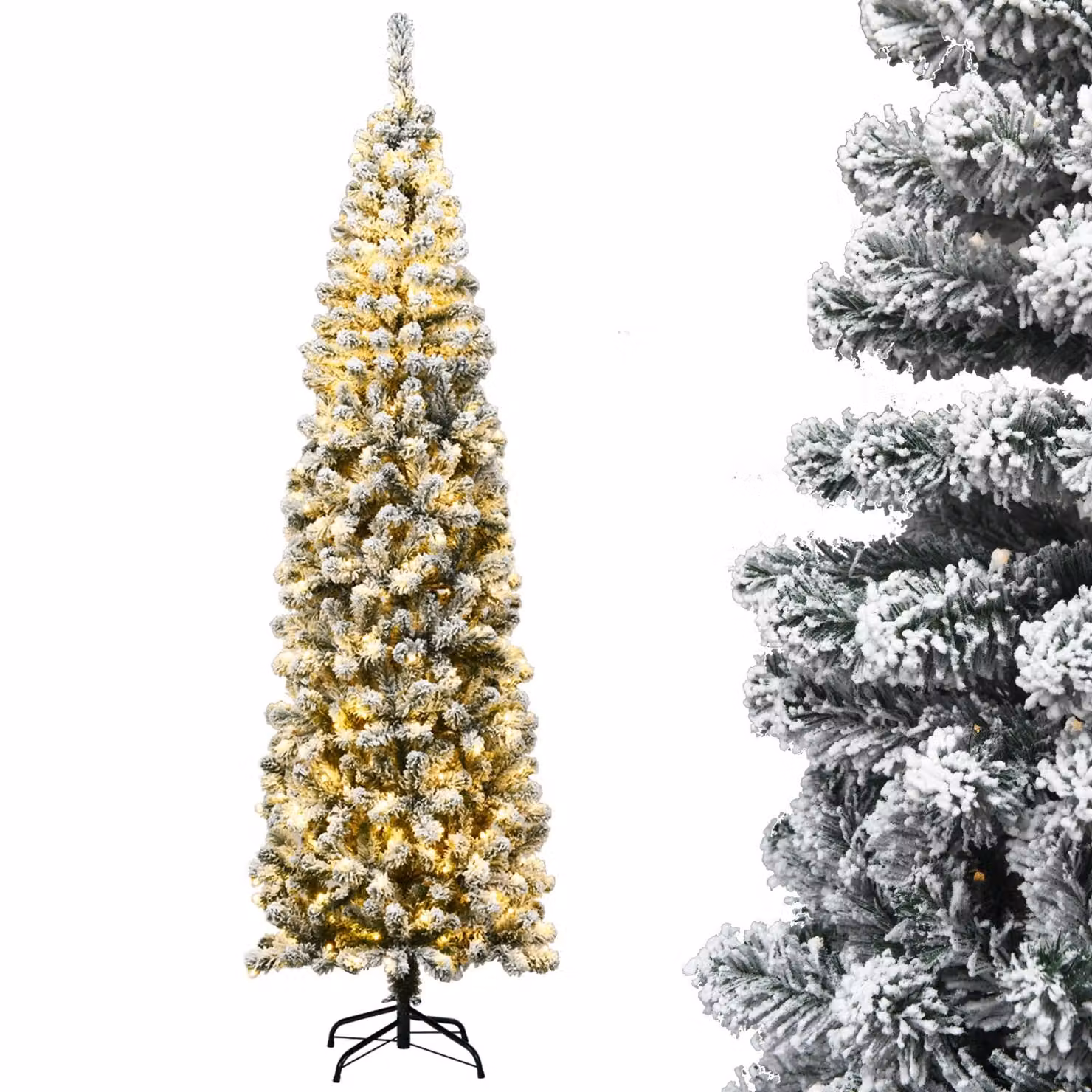 COSTWAY albero di Natale a matita 225cm, albero di Natale artificiale 641 aghi in PVC con neve, albero di Natale artificiale con 350 LED bianchi caldi e supporto in metallo