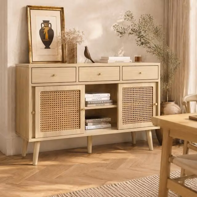 Credenza MODFU in rovere con 3 cassetti e 3 ante, L: 120 cm, P: 40 cm, H: 78 cm, in MDF e metallo