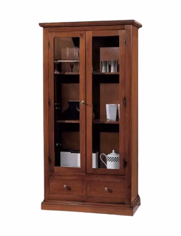 Vetrina classica in legno di pino con ante in vetro e 2 cassetti color noce Mobili 2G L/P/H: 90 x 40 x 160 cm – 1