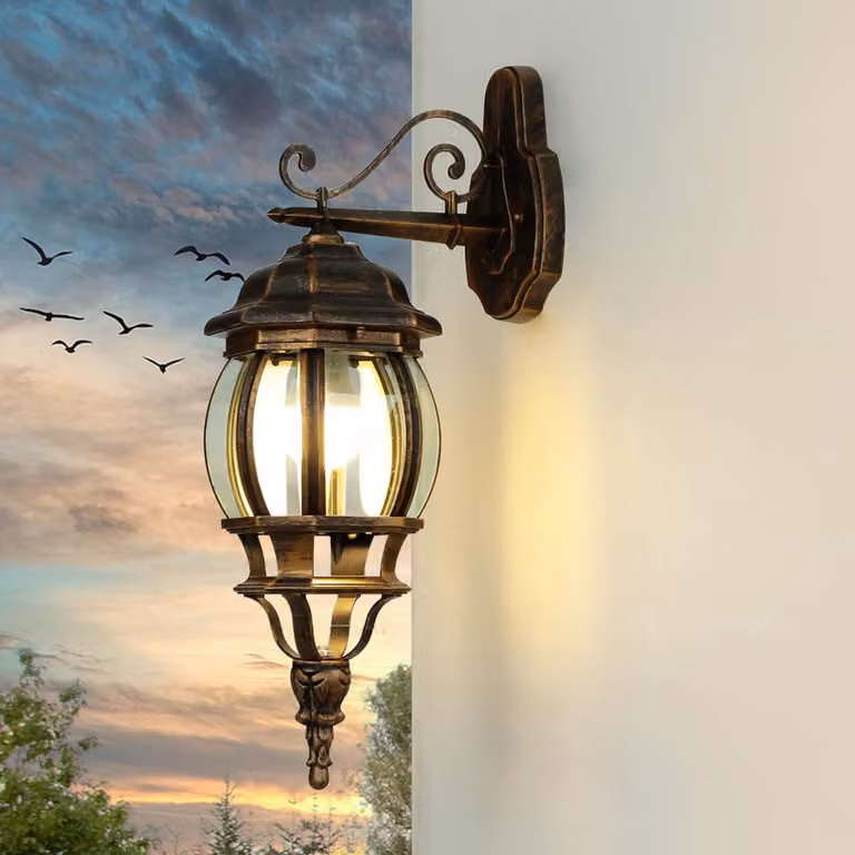 Apparecchio di illuminazione da parete esterno, modello Brest, finitura nero anticato, alluminio pressofuso, grado di protezione IP44, attacco E27, potenza massima 60W