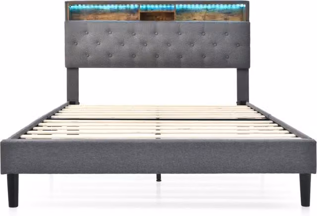 Letto matrimoniale imbottito con contenitore e testata LED 140x200 cm grigio con materasso a molle