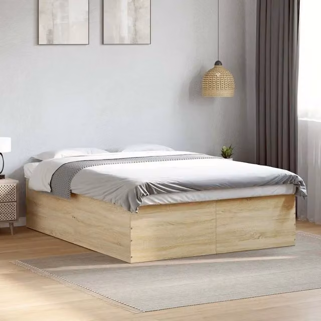 Letto con rete a doghe piatte vidaXL in legno color rovere, L/P/H: 150 x 200 x 30 cm