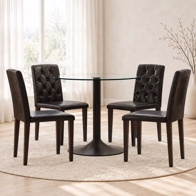 Set da pranzo moderno con tavolo rotondo in vetro 85 cm e 4 sedie nere in PU con schienale trapuntato