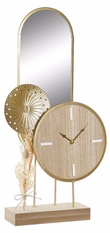 Orologio da tavolo in MDF e metallo, 26x8x53 cm, con specchio e finitura naturale