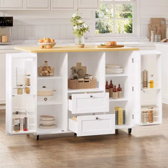 Carrello da cucina OKWISH in stile scandinavo con piano ribaltabile, bianco e beige, L/P/H: 120 x 45 x 92 cm